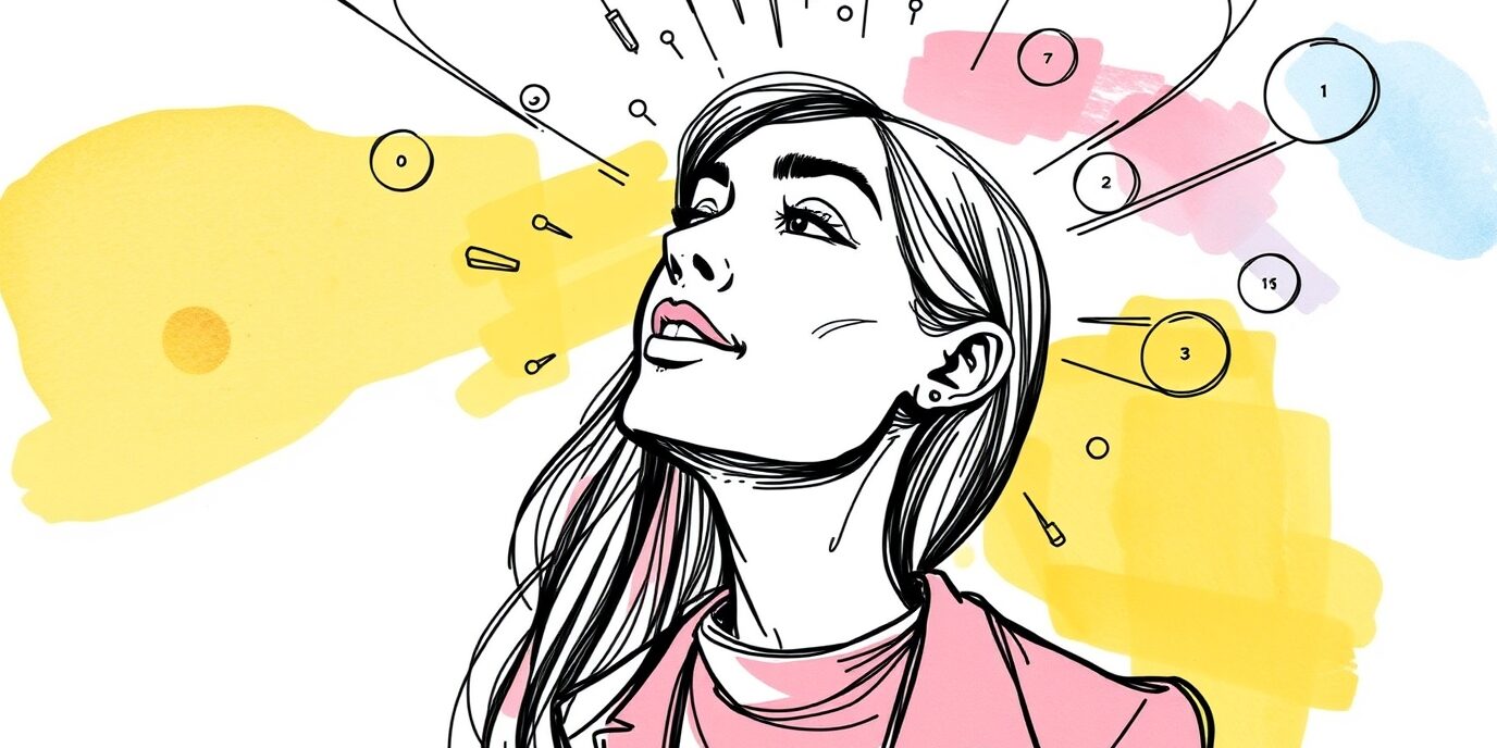 Graceful and elegant hand-drawn sketch of the Innernal Voice for Leaders. Refined features, color sketchnote style