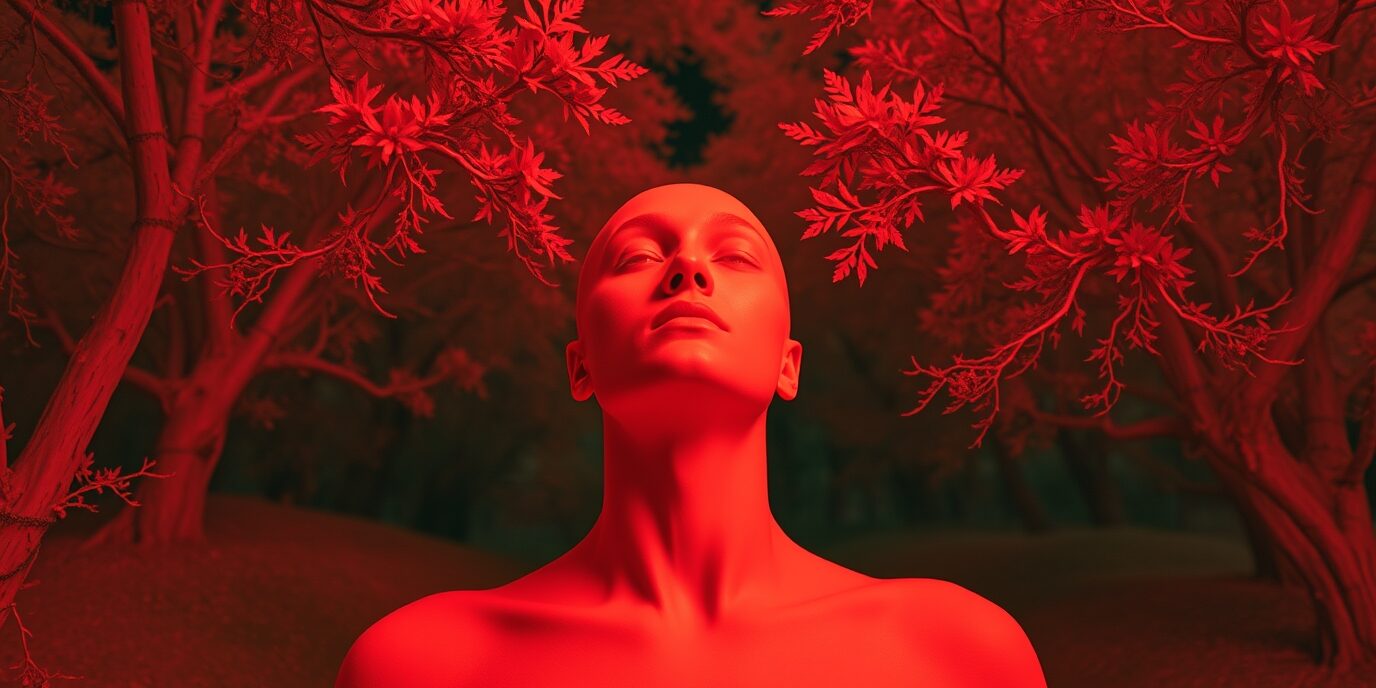 Surreal image in infrared spectrum, otherworldly appearance, showcasing The Innernal Voice for Leaders in warm infrared tones