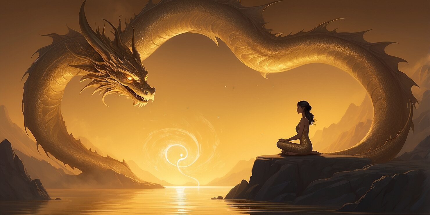 An ilustration of one person and one dragon